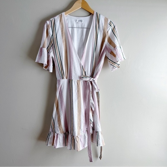 Privacy Please May Mini Wrap Dress in Multi Stripe Pink & Tan, Size Medium - Picture 2 of 14